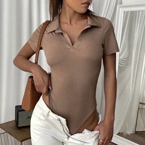 Ribbed, Stretchy Polo Bodysuit - Picture 1 of 10